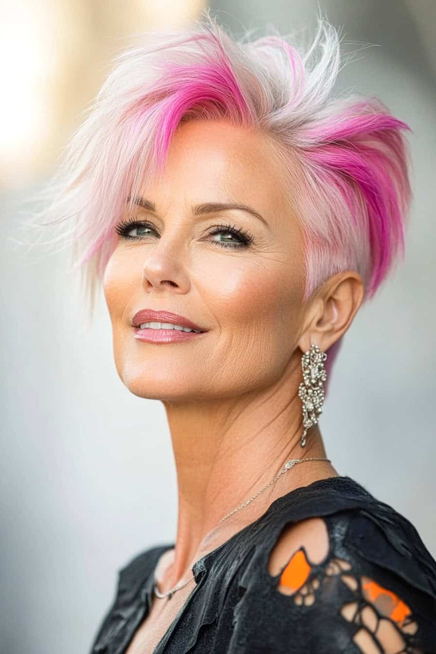 Bold portrait of a woman with platinum blonde and pink hair, stylish makeup, and trendy outfit.