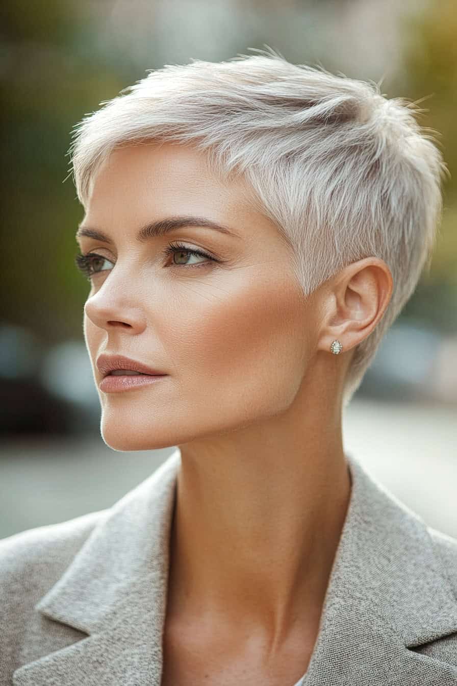 Woman with platinum pixie cut showcasing a classic and elegant short hairstyle.