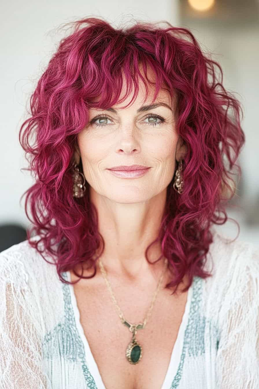 Woman with vibrant magenta curly hair and green eyes, showcasing a radiant, bohemian style.