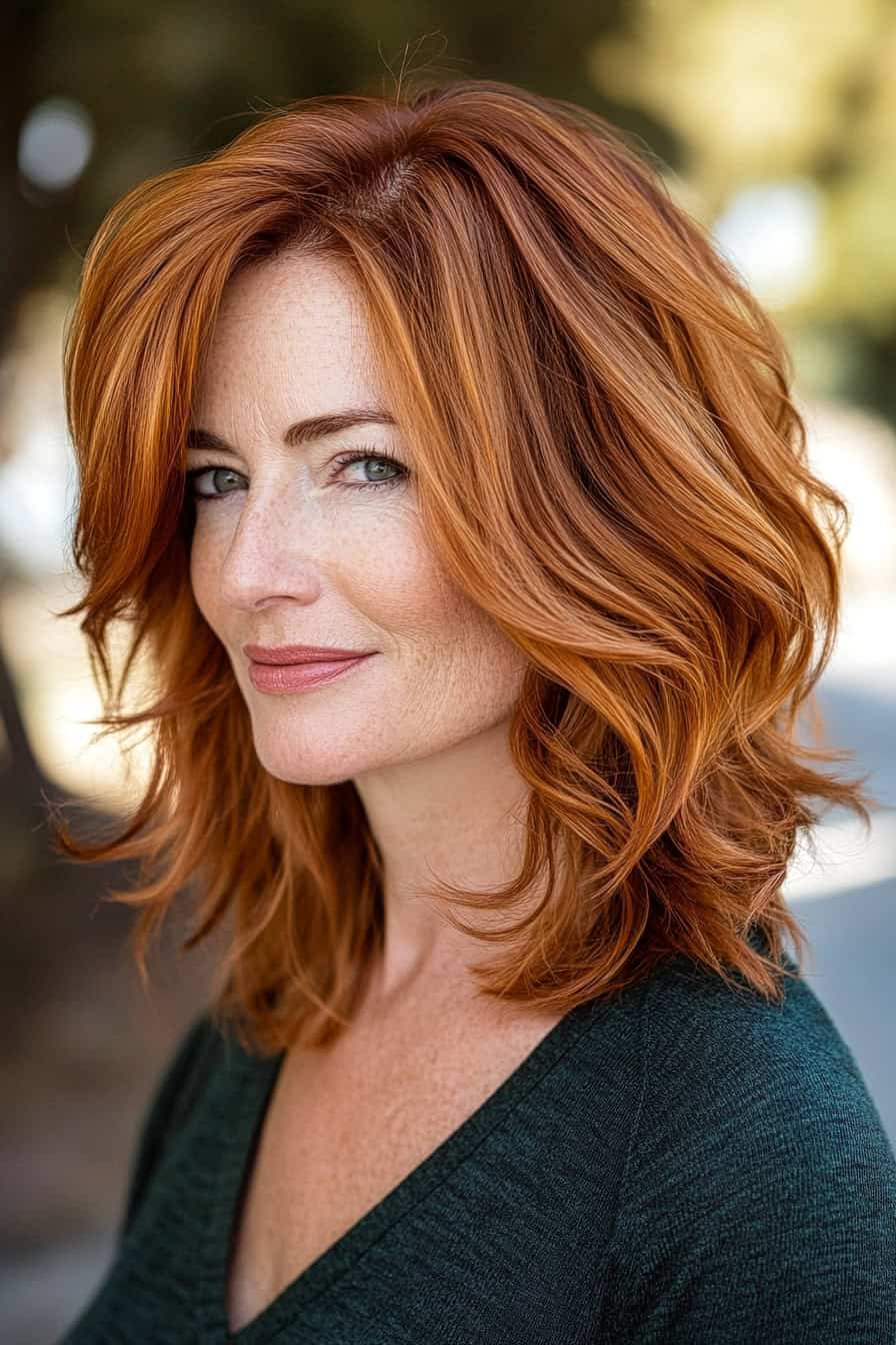 Woman with red and auburn wavy hair styled in a layered medium cut, adding volume and depth.