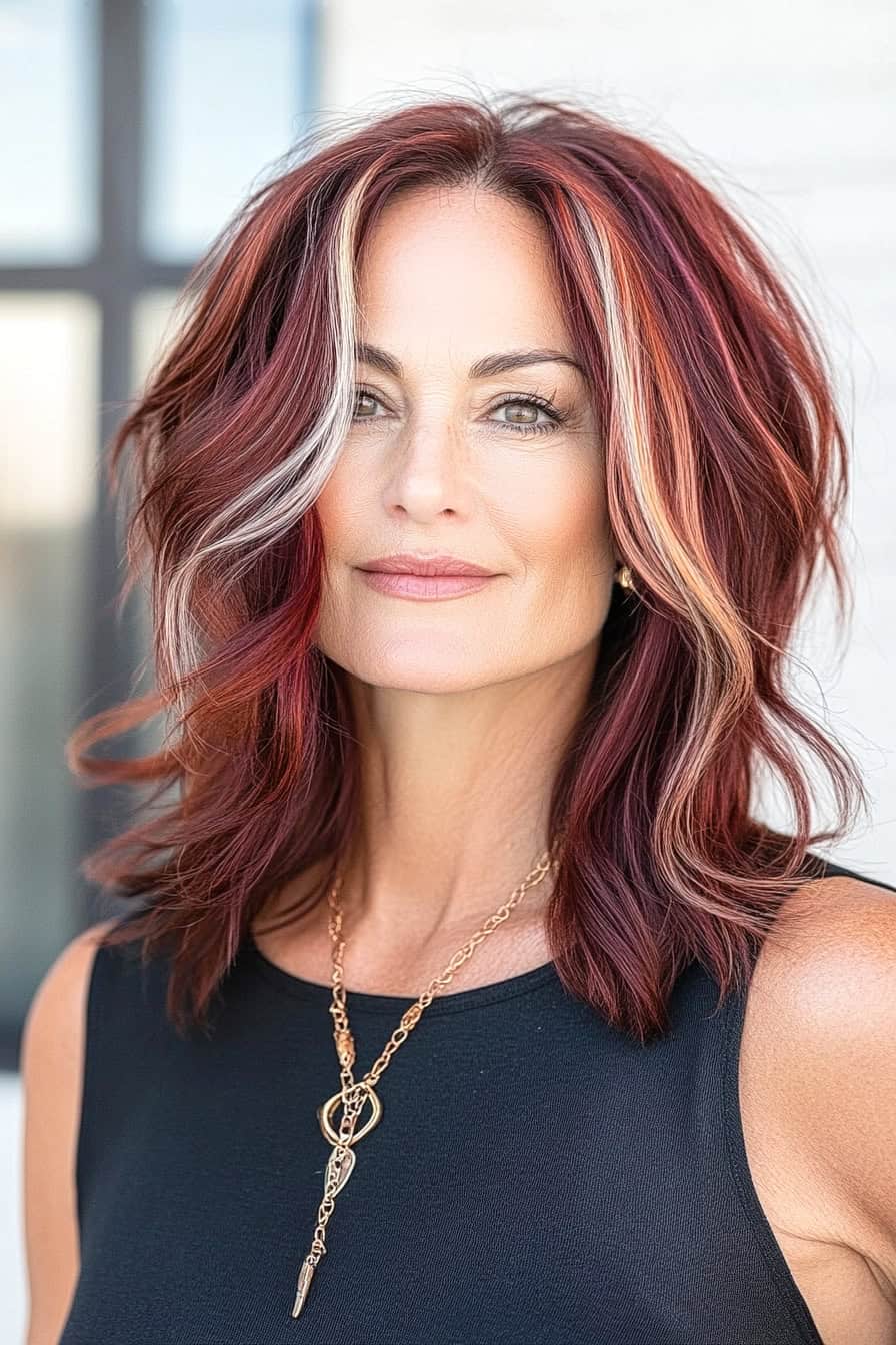 Woman with red and blonde wavy hair featuring multi-dimensional highlighting, adding volume and texture to her hairstyle.