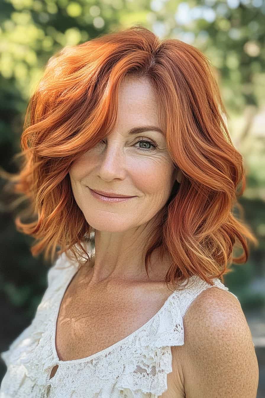 Woman with red and orange wavy hair styled in a boho layered bob with beachy waves, adding a carefree and vibrant look.