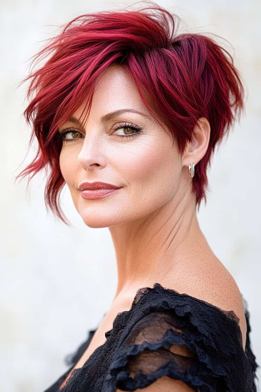 Woman with red bob haircut styled to complement a round face, adding definition and stylish angles.