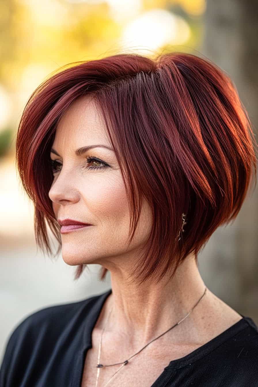 Woman with red bobcut hairstyle styled in a statement layered bob with sharp angles, adding modern and geometric flair.