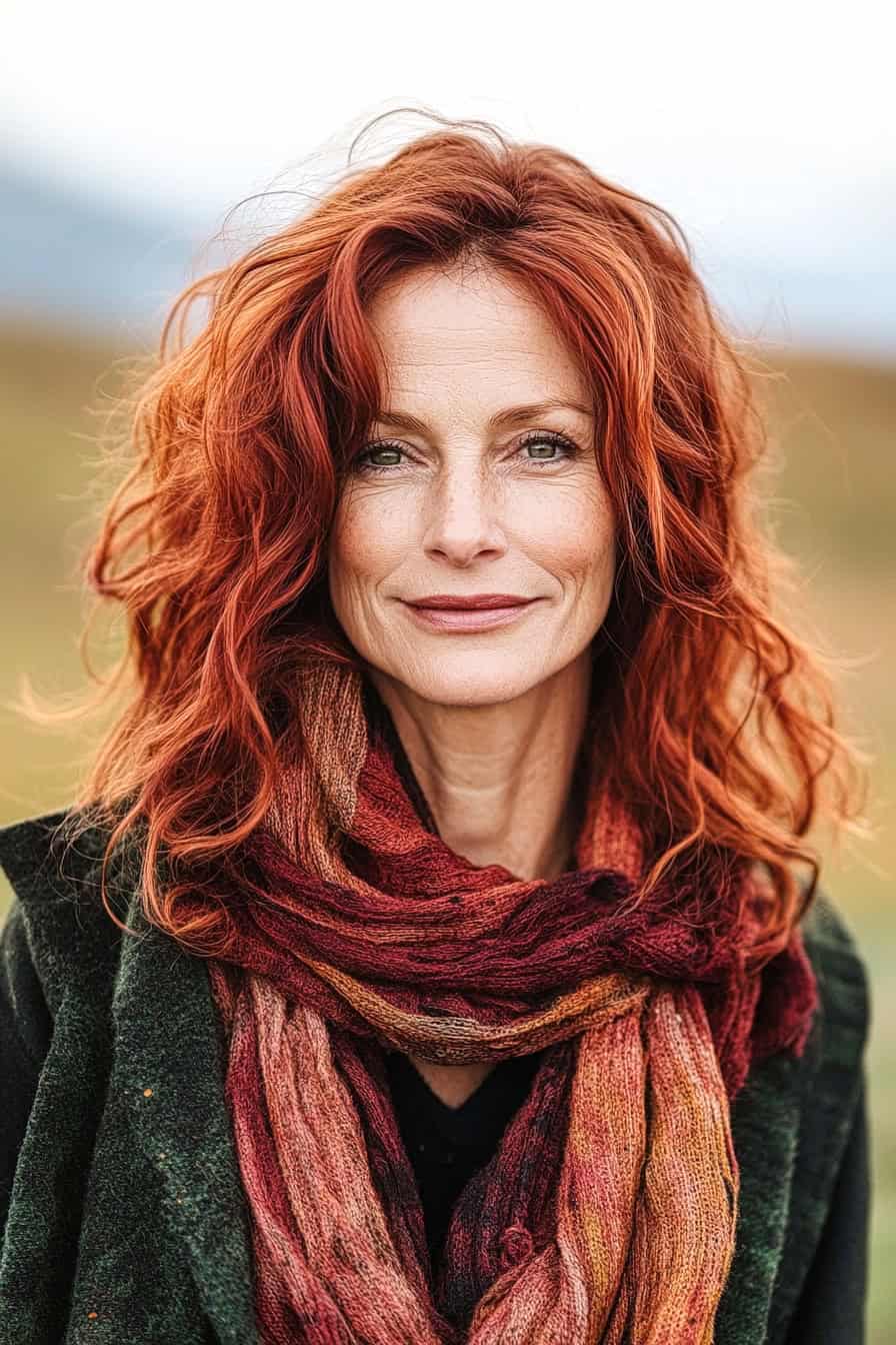 Woman with red curls styled in rich warm tones, adding a cozy and vibrant autumn-inspired look.