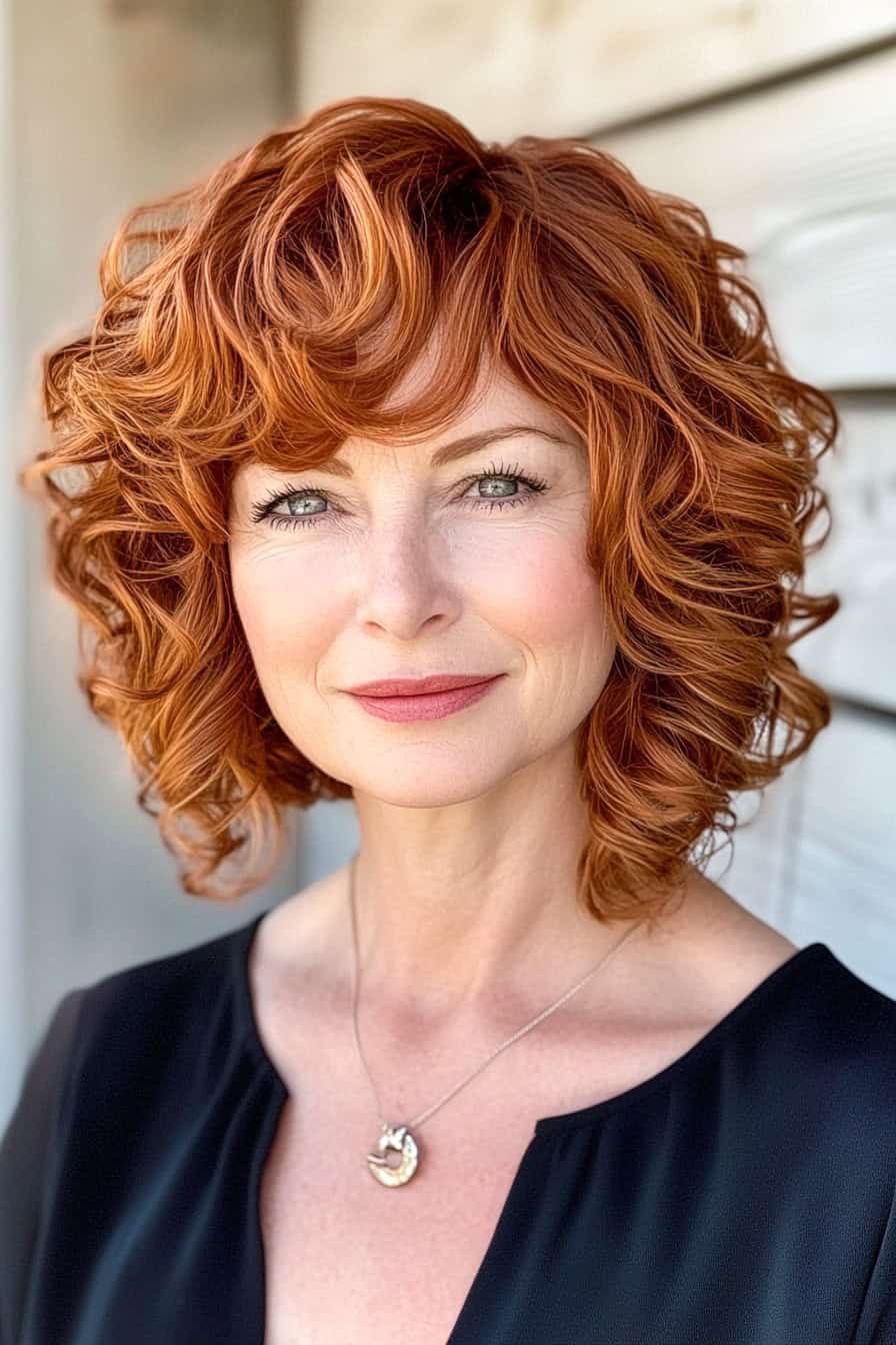 Woman with red curly hair styled in a sophisticated curled layered bob, adding romantic and elegant bounce.