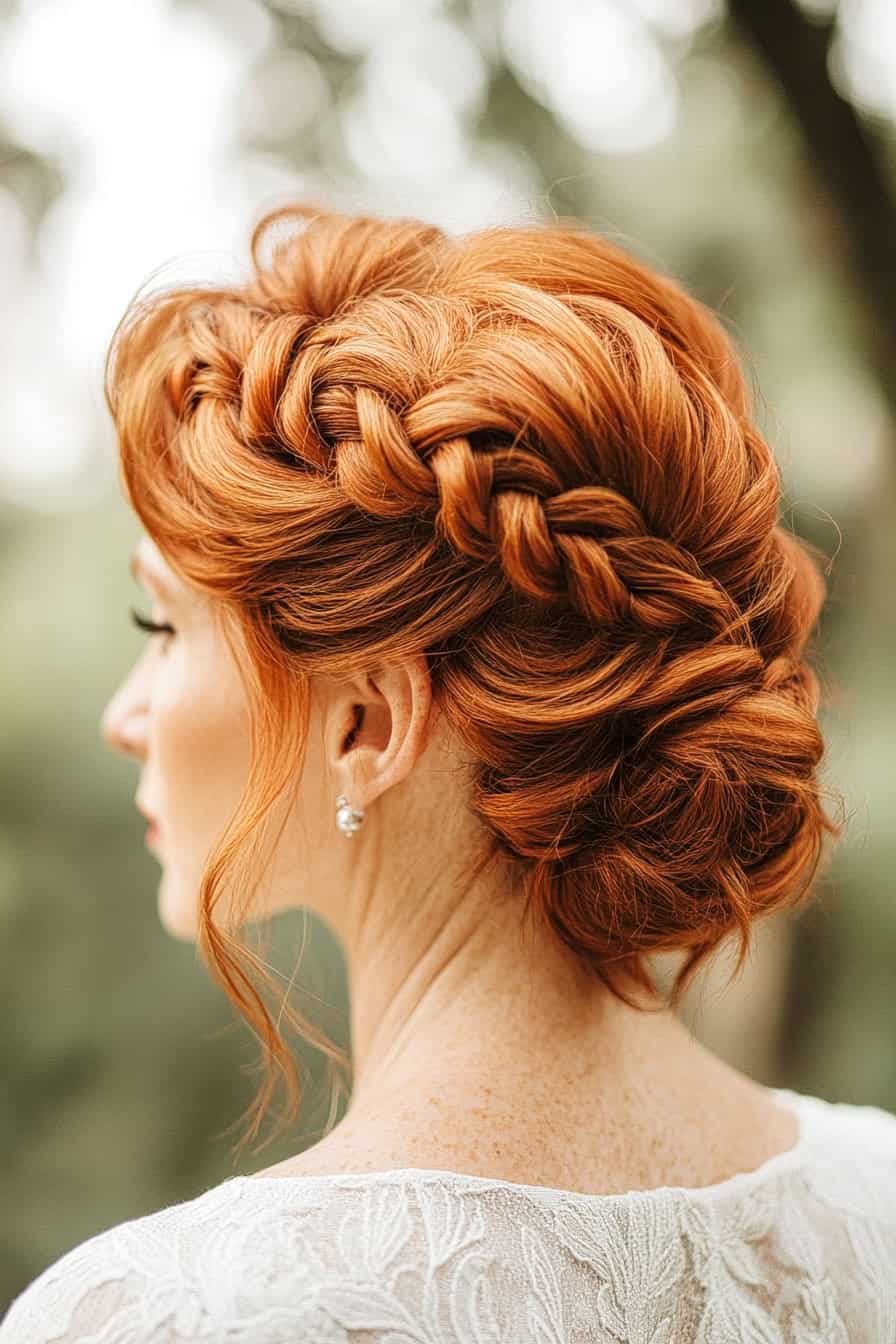 Elegant woman with vibrant red braid hairstyle and soft updo, perfect for special occasions.