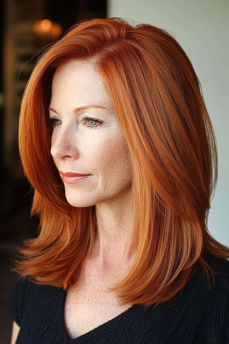 Woman with red layered hair styled in straightened hair with soft bounce, adding movement and a polished look.