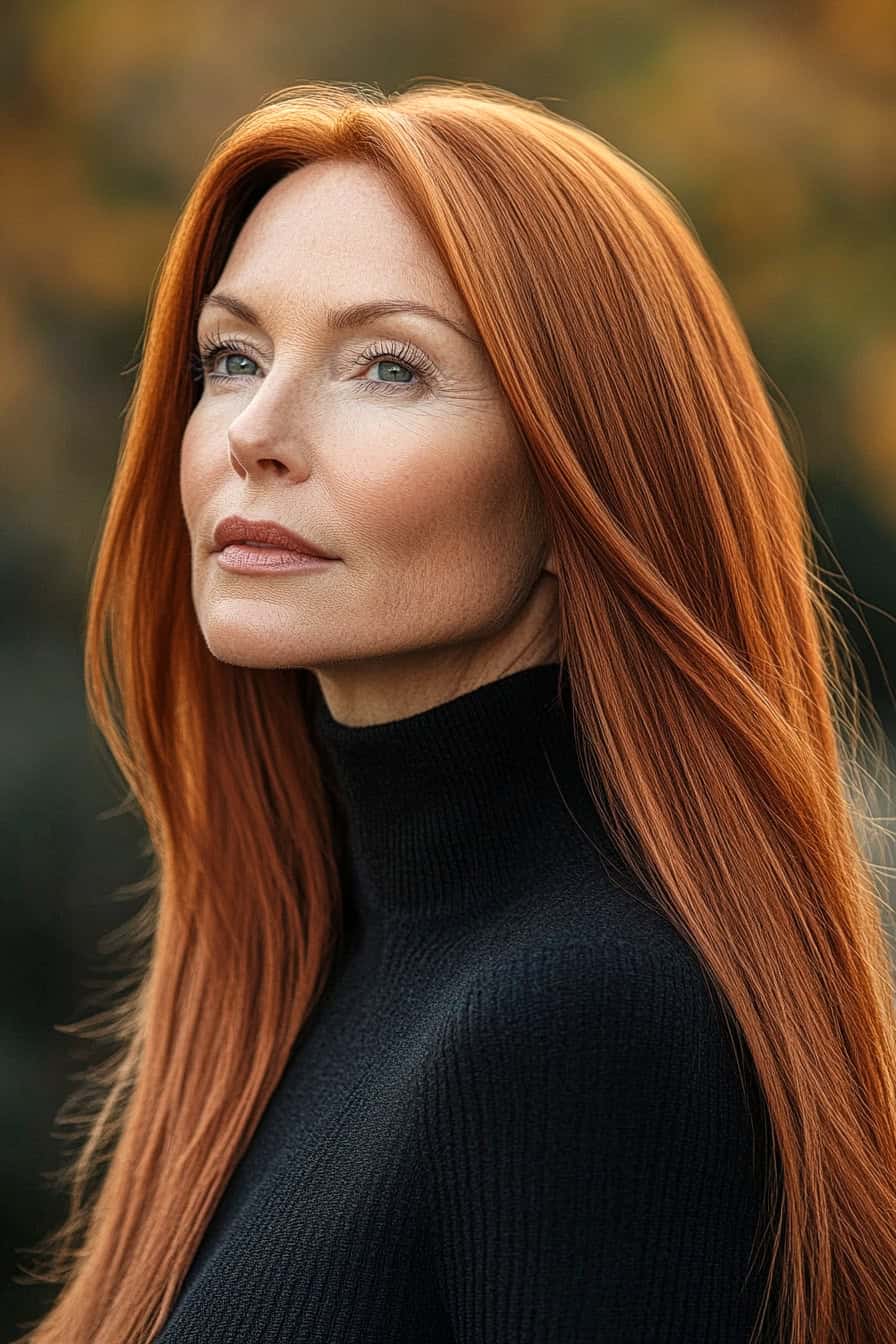 Portrait of a woman with vibrant red hair and blue eyes, set against a warm autumn background.