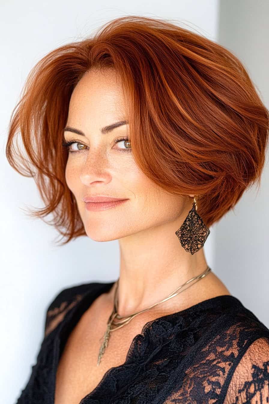 Woman with reddish-brown bob hairstyle styled in a chic angled layered bob, adding modern trendiness and structure.