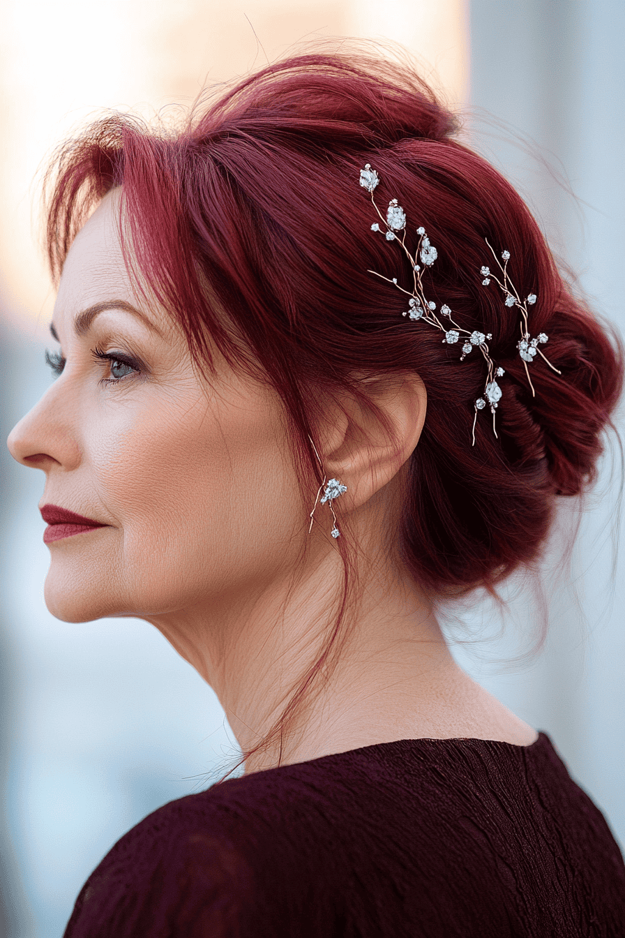 Elegant woman with deep red hair and sophisticated burgundy attire, embodying grace and style.