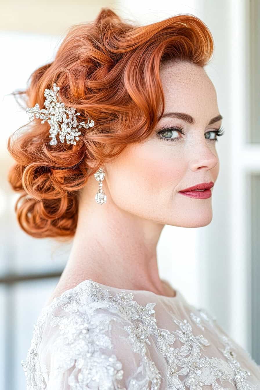 Woman with red vintage curls styled in a side-swept updo adorned with sparkling hair accessories, adding glamour and shine.