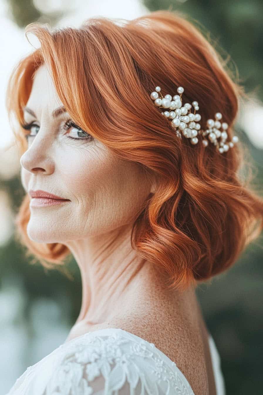 Woman with red waves hairstyle styled in a luxurious layered bob with pearl accessories, adding elegance and glamour.