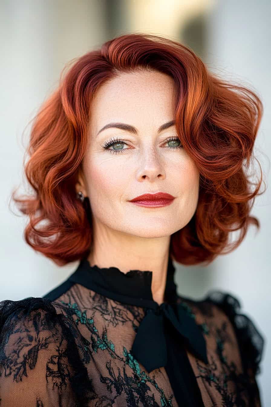 Woman with red wavy hair styled in a vintage-inspired layered bob with retro curls, adding old Hollywood glam.