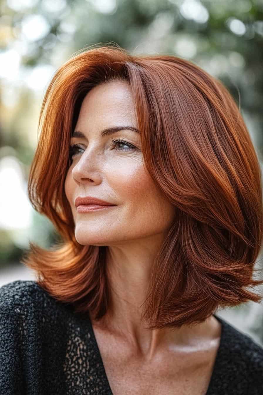 Woman with reddish-brown wavy hair styled in a sleek layered bob, offering a modern and polished look.