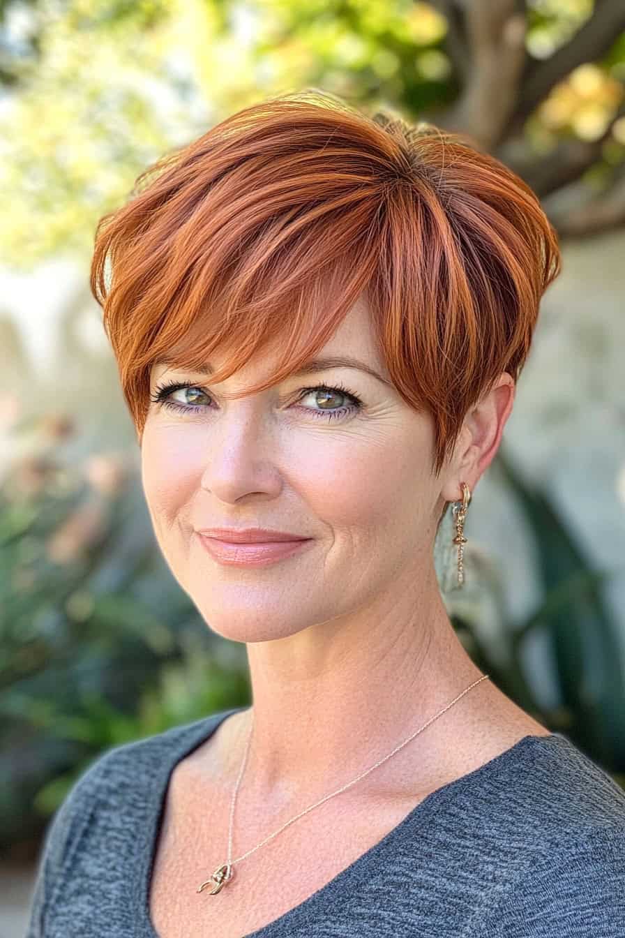 Woman with reddish-orange short hair styled in a charming pixie cut with side swept bangs, adding elegance and low-maintenance appeal.