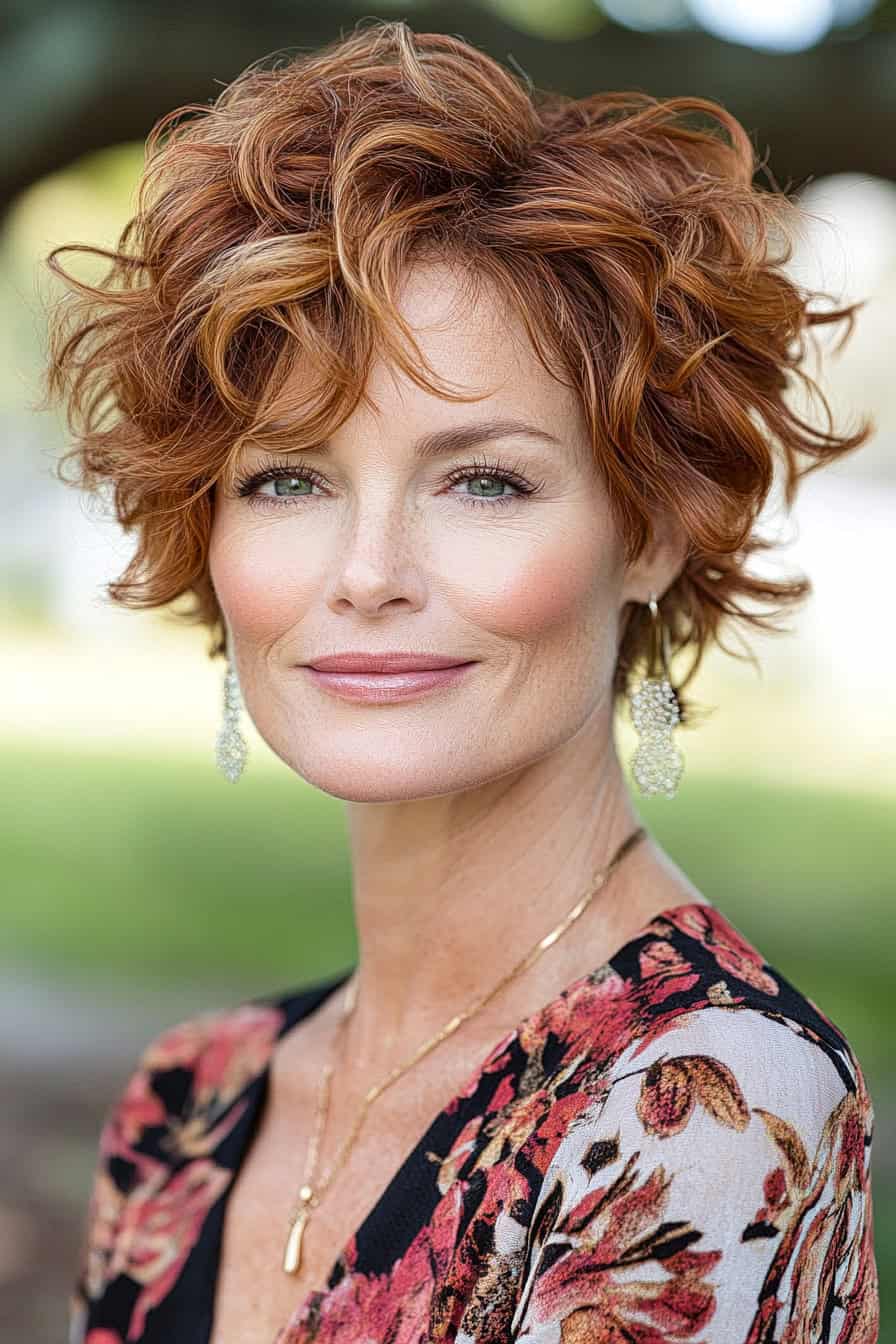 Woman with short auburn curls styled in a suitable haircut for aging hair, adding volume and elegance.