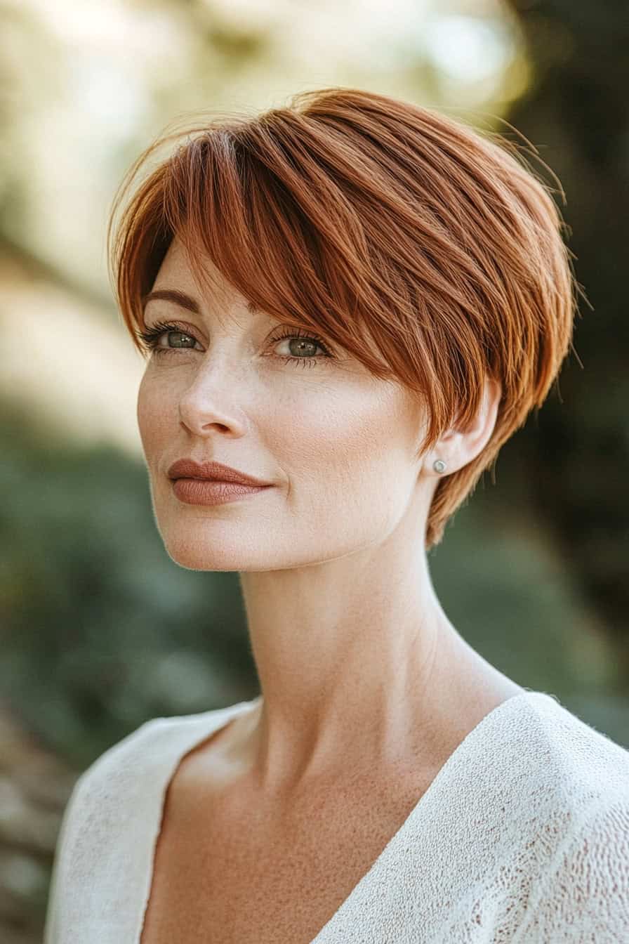 Woman with short auburn hair styled in a soft pixie cut, flattering a heart-shaped face with side-swept bangs and layers.