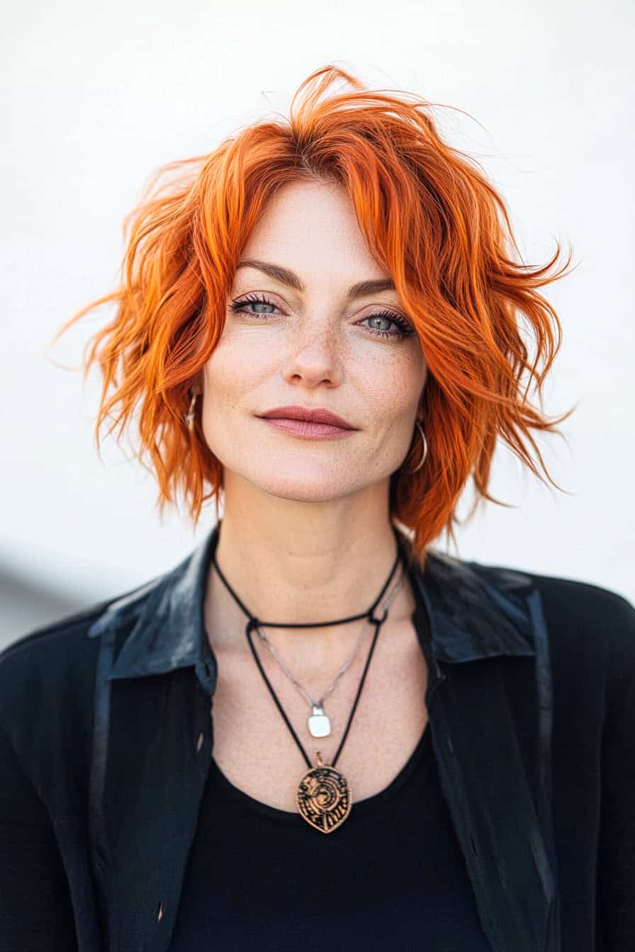 Woman with short orange hair styled in a choppy layered crop, adding a playful and edgy flair.