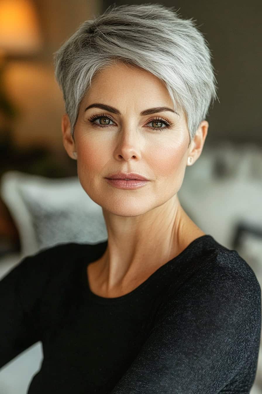 Woman with short silver hairstyle styled in a modern cropped cut, exuding sophistication and style.