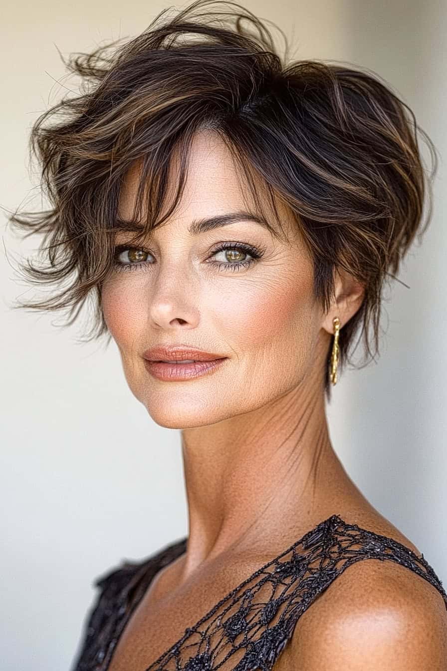 Woman with short tousled hair styled in a classic short crop with soft waves, adding volume and a youthful bounce.