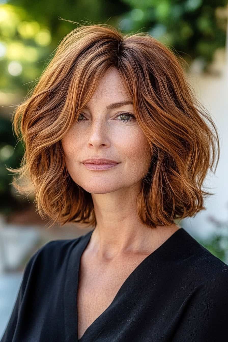 Woman with shoulder-length auburn hair styled in a versatile layered bob, enhancing natural waves and adding movement.