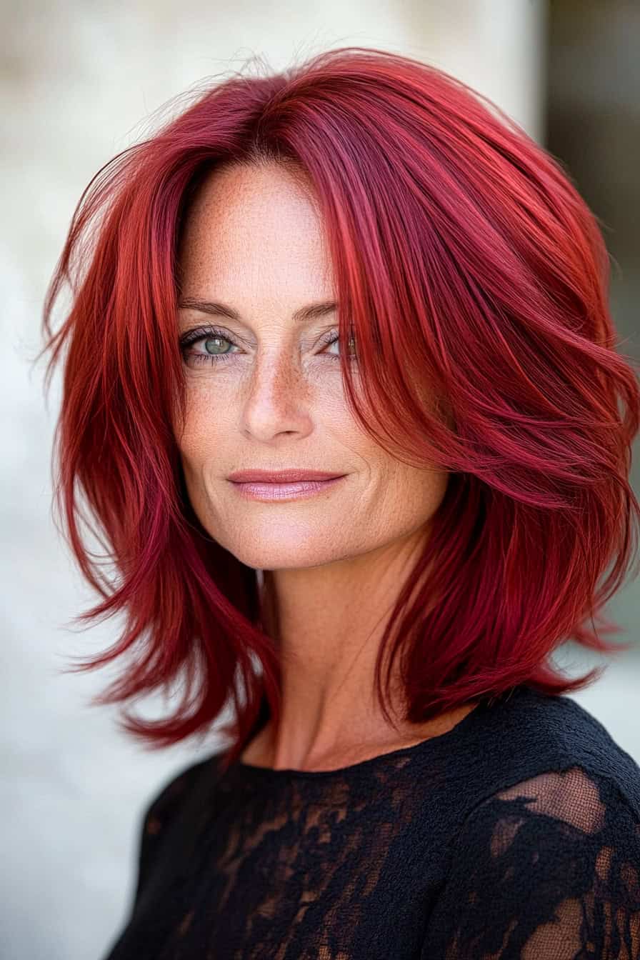 Woman with shoulder-length red hair styled in a polished long layered bob with face-framing layers, adding elegance and depth.