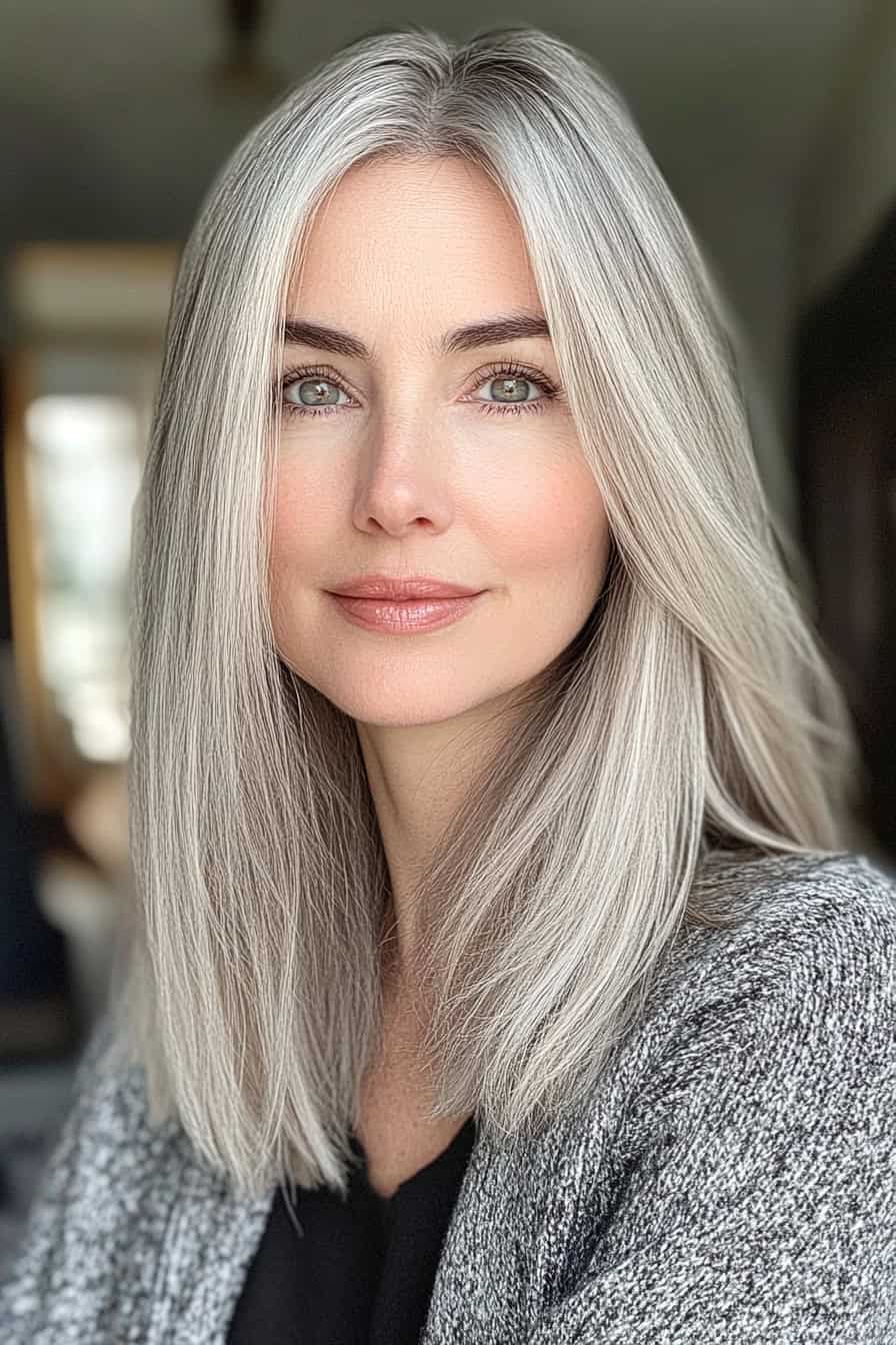 Woman with silky silver hair styled straight with a middle part, offering a symmetrical and elegant look.