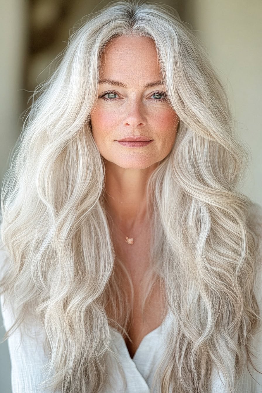 Woman with silver blonde waves styled in a timeless long layered cut with soft waves, adding volume and classic charm.