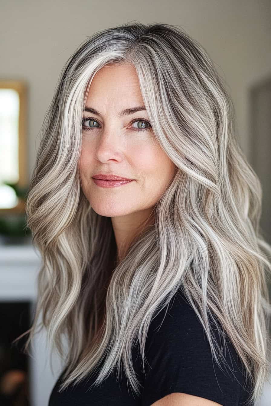 Woman with silver blonde wavy hair styled with cool ash blonde highlights, adding depth and a modern dimension.