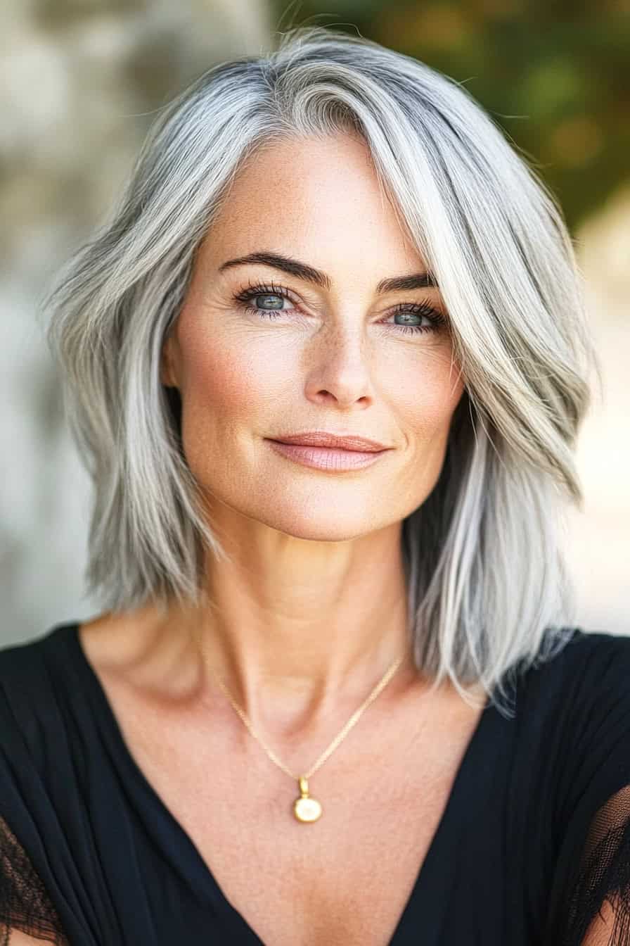 Woman with silver bob hairstyle styled in a classic collarbone-length cut, highlighting neck and shoulders with a tidy line.