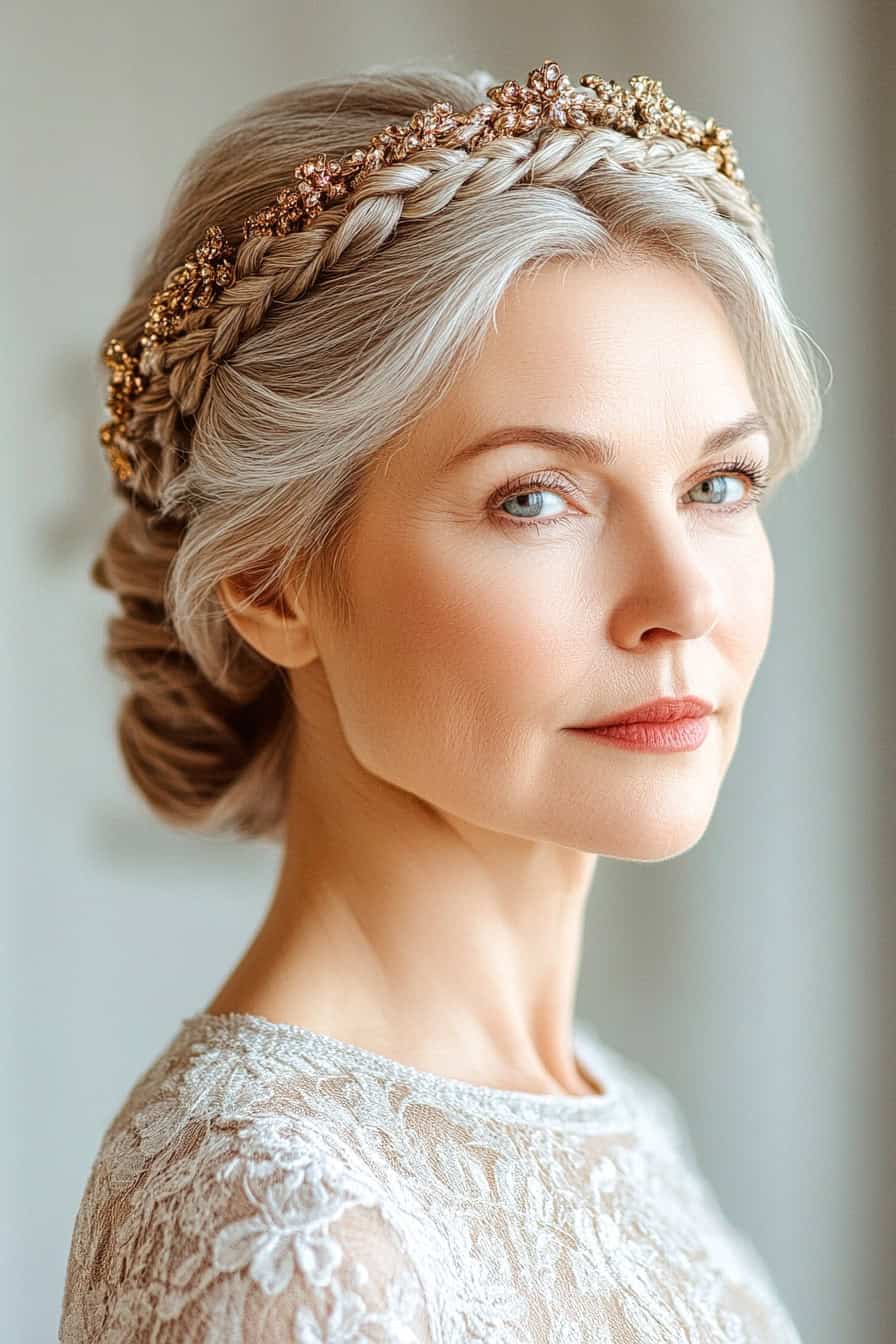 Woman with silver braid hairstyle styled in a braided crown, adding a regal and elegant flair.