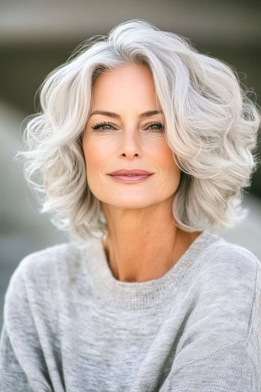 Woman with silver curls styled in a lightly curling textured bob, adding natural volume and a polished finish.