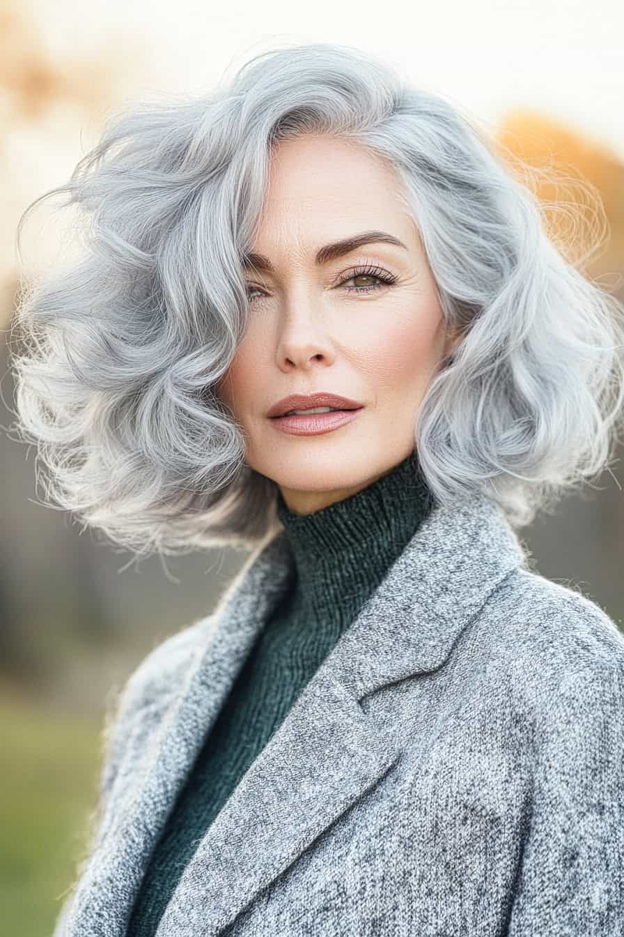 Woman with silver gray curls styled in a bouncy bob, adding volume and a youthful appearance.