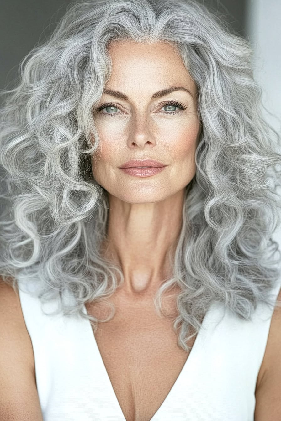 Woman with layered silver-gray curly hair, adding volume and dynamic texture to her hairstyle.