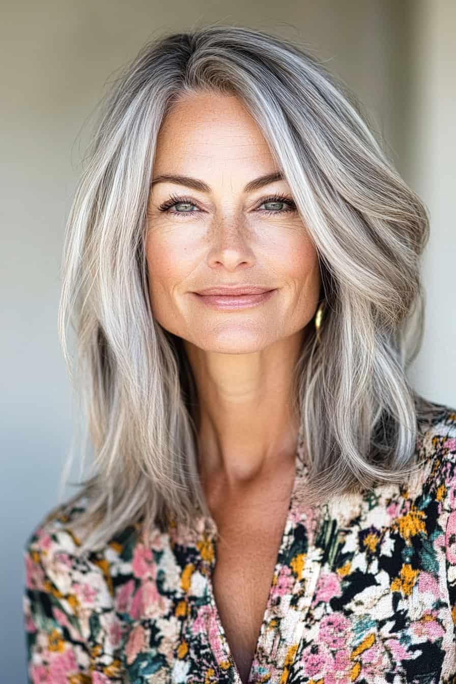 Woman with silver-gray wavy hair styled in a trendy lob with textured ends, adding movement and modern edge.