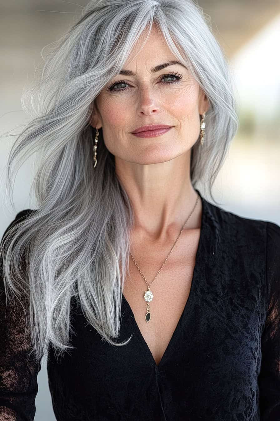 Woman with silver gray hair styled with side-swept bangs, adding a fashionable edge to her look.