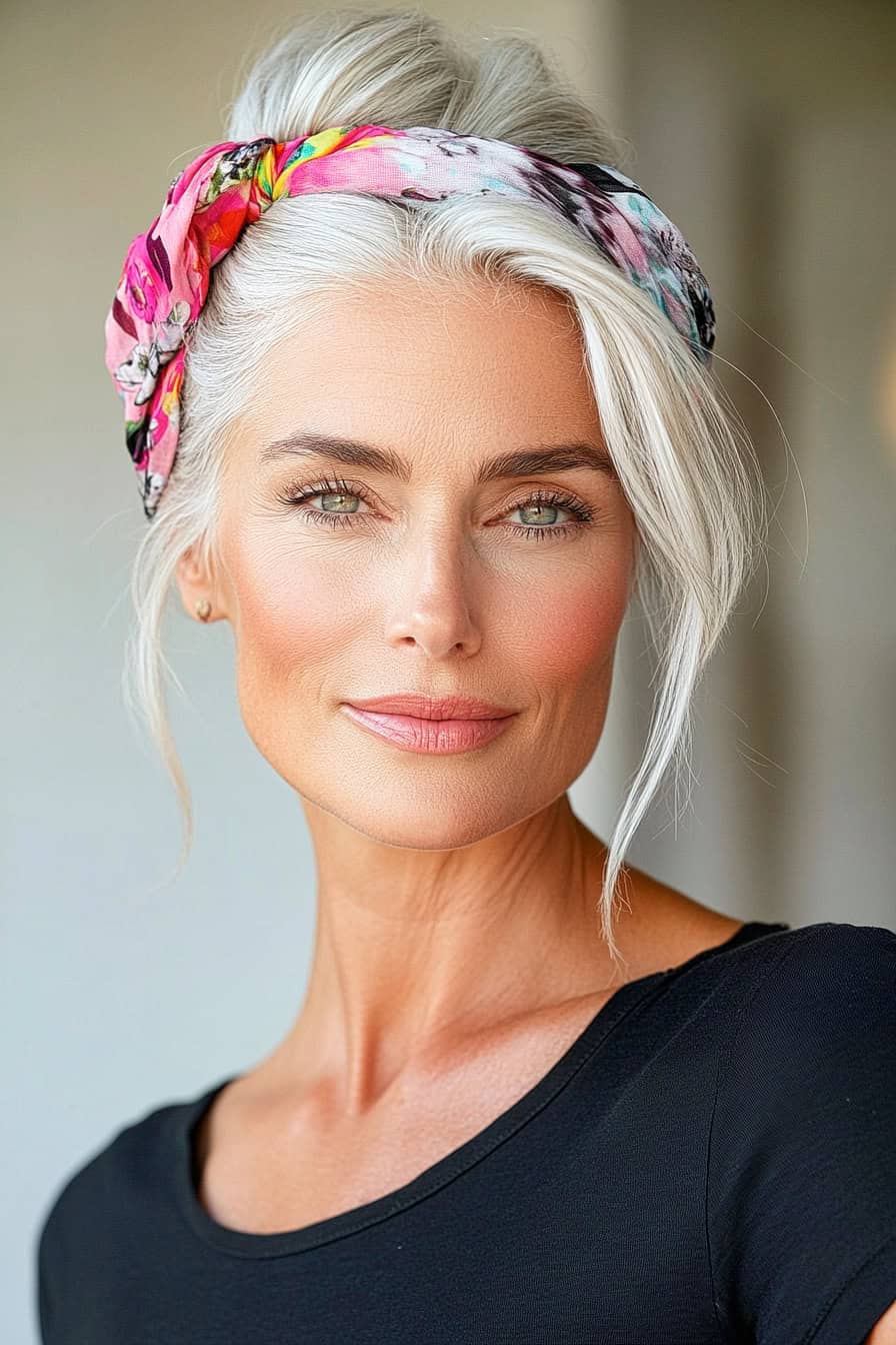 Woman with silver hair and floral headband styled with a colorful scarf, adding versatility and style.