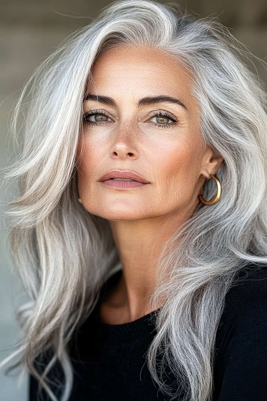 Woman with silver hair featuring sun-kissed highlights, adding a fresh and vibrant touch to her hairstyle.