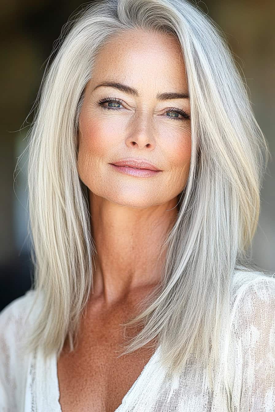 Woman with silver long hair styled straight with subtle highlights, enhancing shine and modern edge.