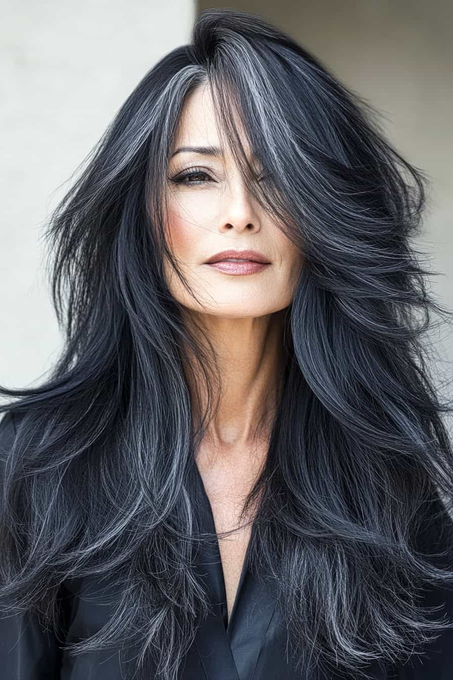 Elegant portrait of a woman with striking dark and silver hair, showcasing natural beauty.