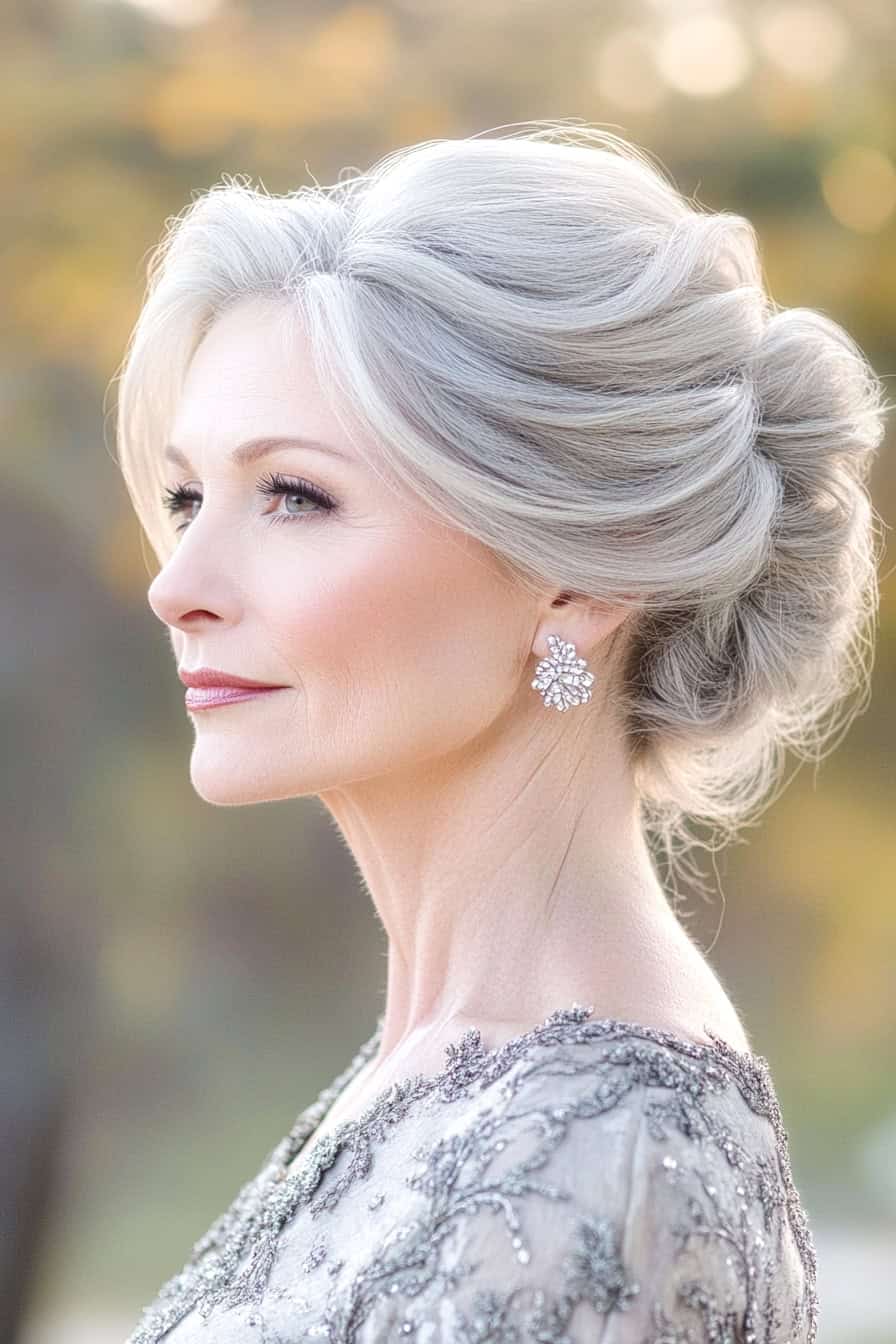 Woman with silver updo hairstyle styled in a sophisticated chignon, adding elegance and volume for formal events.