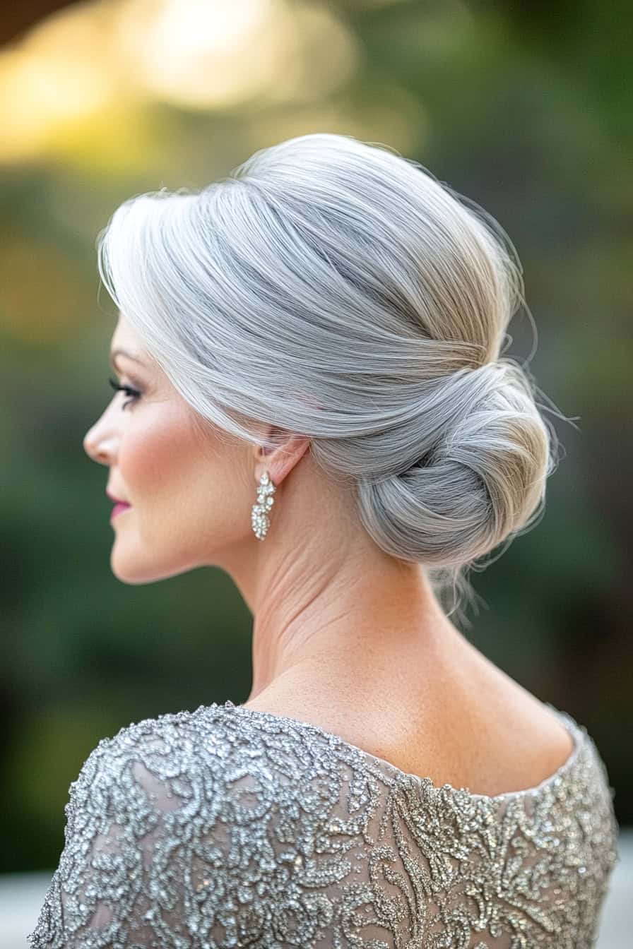 Woman with silver updo featuring a twisted bun, perfect for formal occasions.