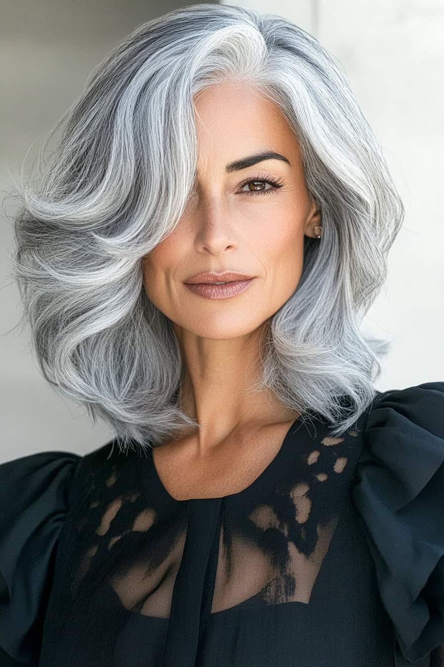 Woman with silver wavy hair styled in a sleek silver color, adding a modern and sophisticated touch.