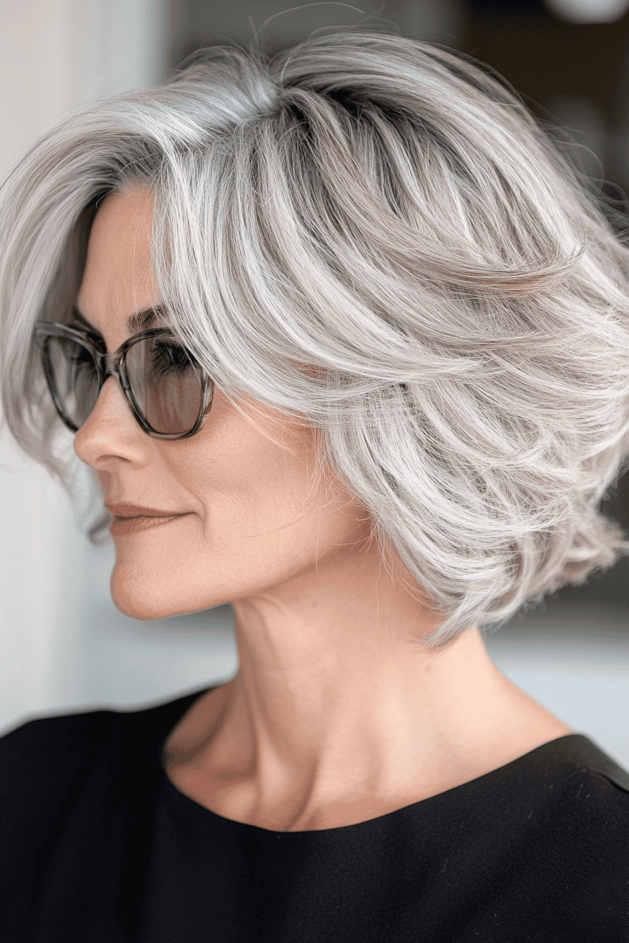 Stylish woman with silver-blonde hair, oversized glasses, and minimal makeup exuding elegance.