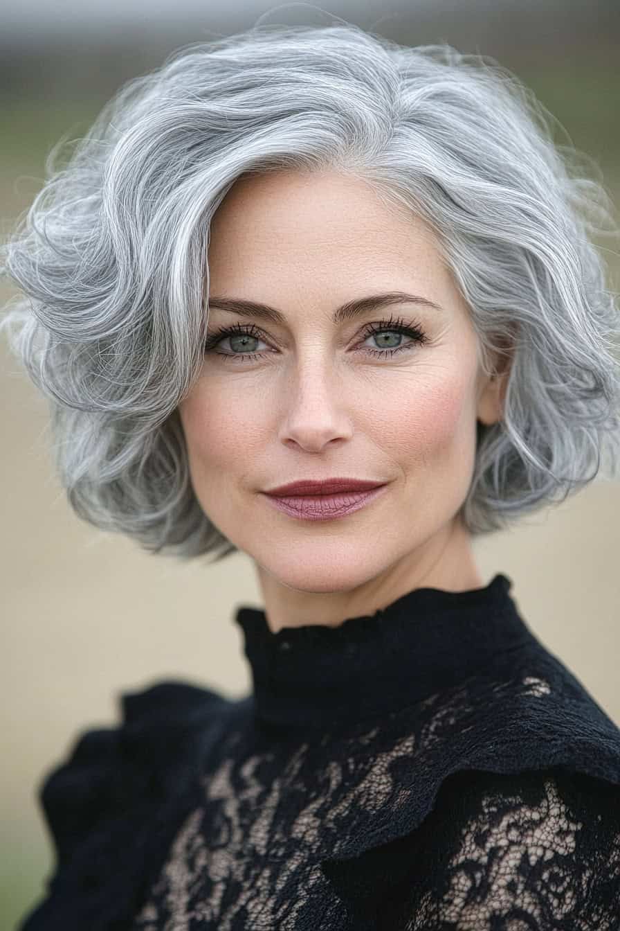 Woman with silver waves styled in a textured short bob, adding volume and sophistication.