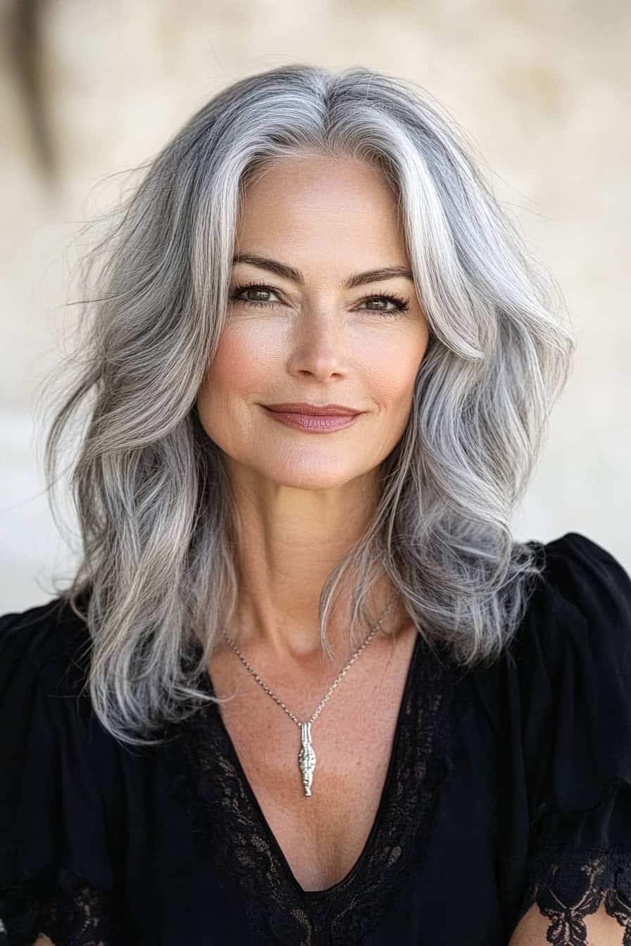 Woman with silver wavy hair styled in a sleek silver color, adding a modern and sophisticated touch.