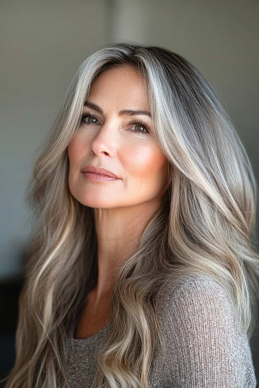 Woman with silvery gray hair featuring face-framing highlights, enhancing her facial features and complexion.