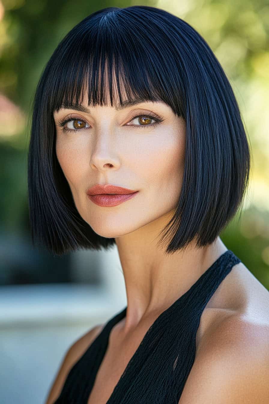 Woman with sleek black bob styled in a versatile short haircut for long faces, adding width and balance.