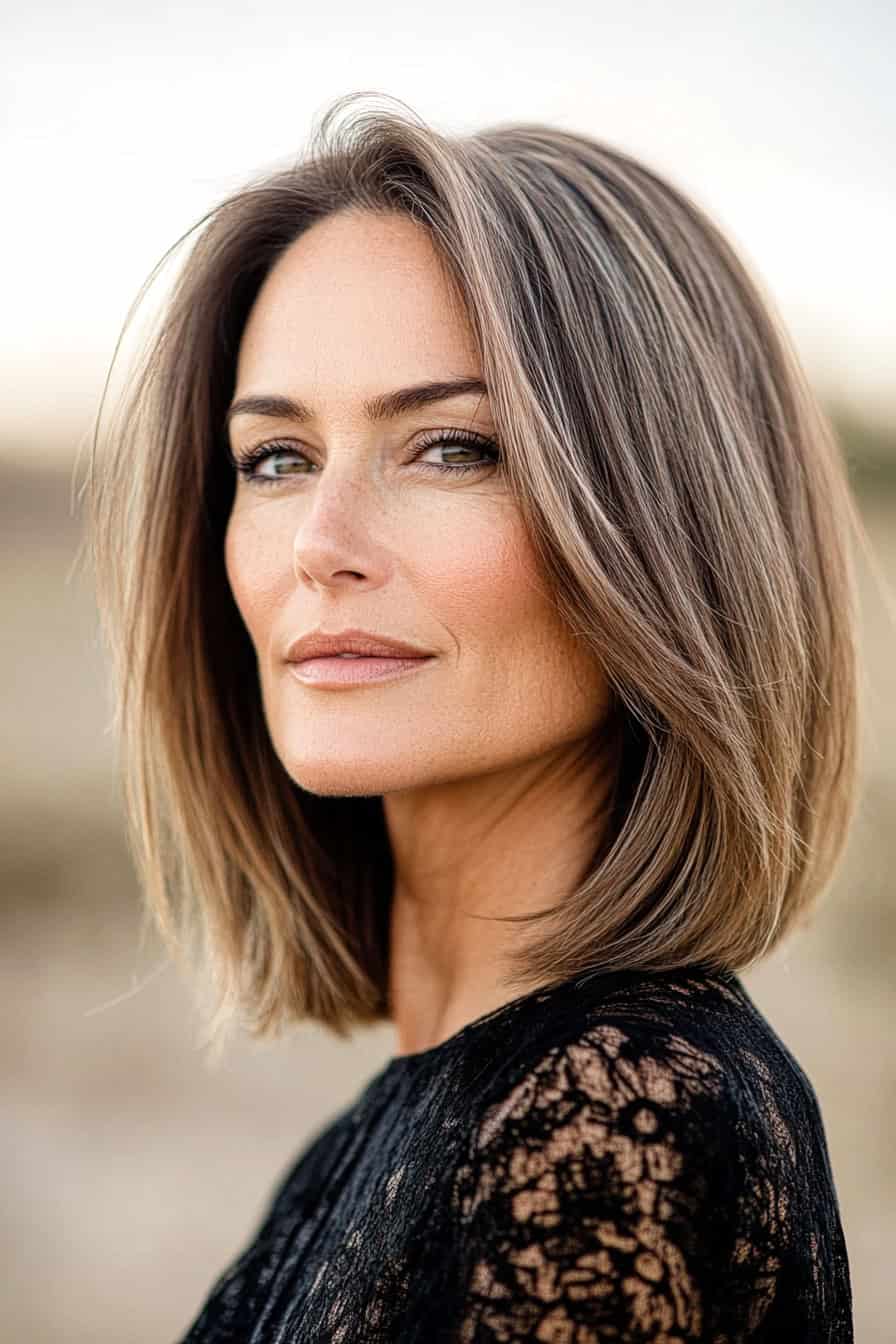 Woman with sleek bob hair styled in a stylish long bob (lob), adding a youthful vibe and renewed energy to her look.